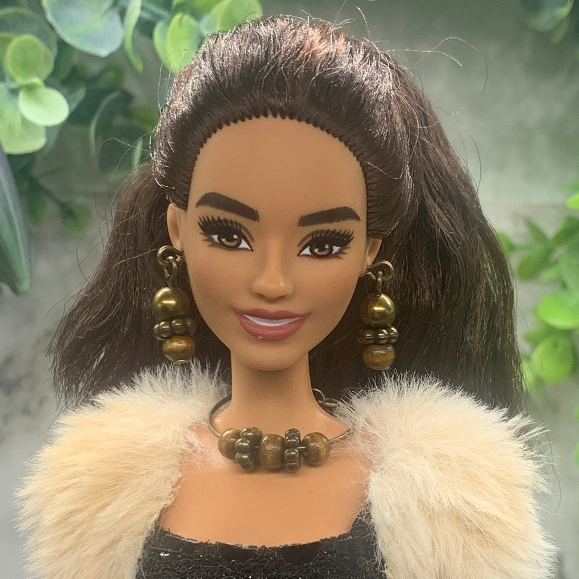 Brown Bronze Beaded Wire Doll Necklace Earring Set • 10-12” 1:6 Doll Jewelry