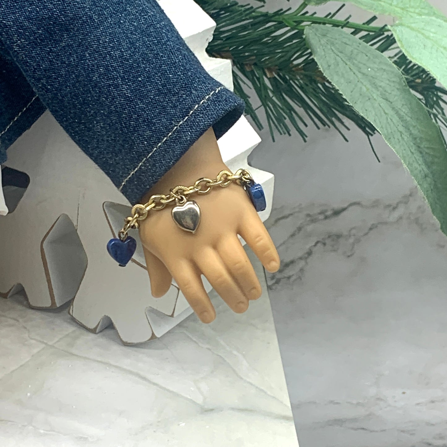 Blue Glass Gold Heart Charm Doll Bracelet • 18 Inch Fashion Doll Jewelry