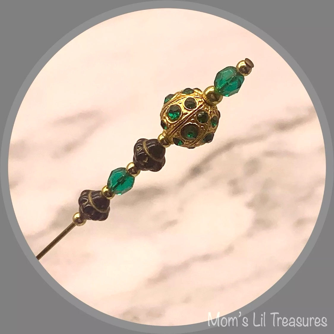 Green Glass Crystal Gold Ball Rhinestone Accents - 8” • Hatpin - Stick Pin