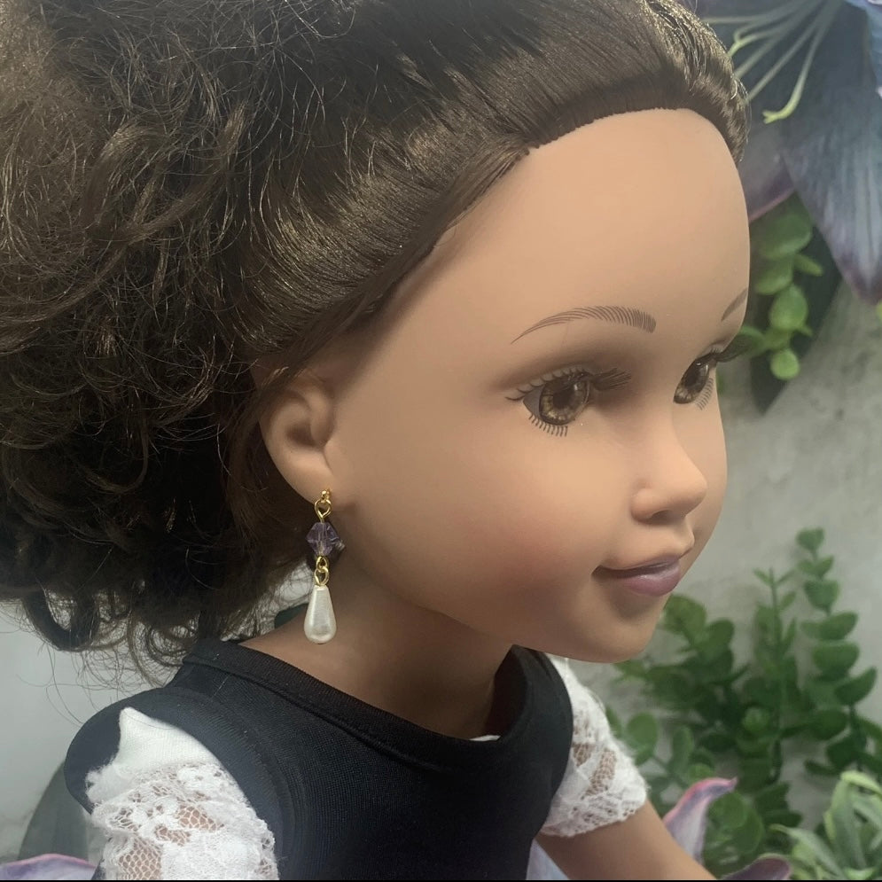 Purple Glass Crystal Teardrop Pearl Dangle Doll Earrings • 18 Inch Doll Jewelry