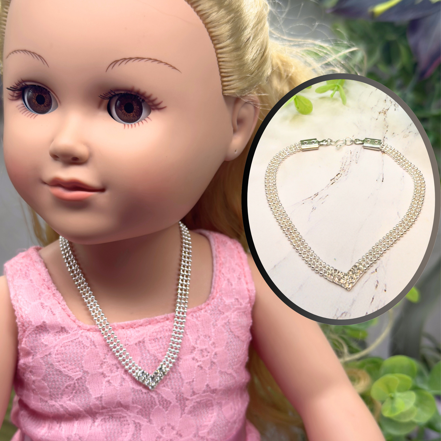 Clear Rhinestone V-Shape Silver Connected Ball Design Chain Doll Necklace • 18 Inch Fashion Doll Jewelry