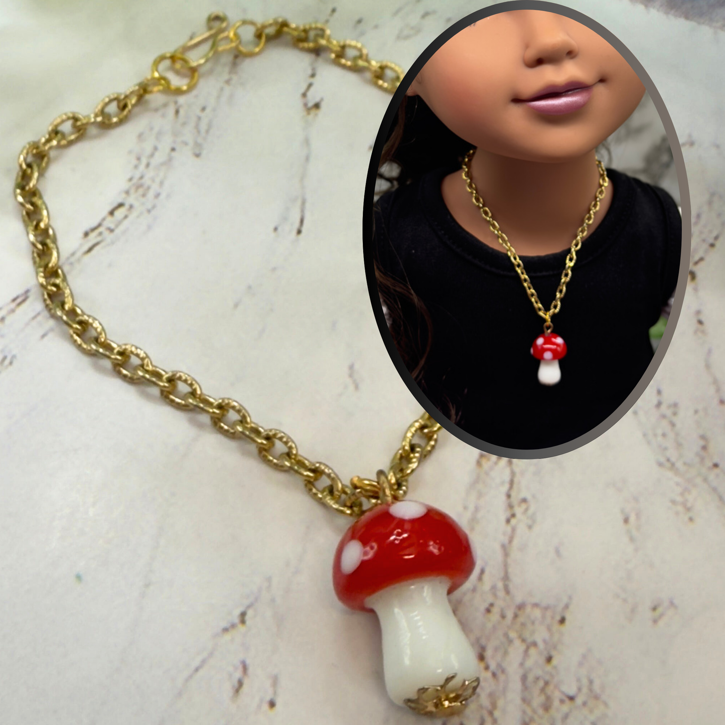 Red White Glass Mushroom Pendant Doll Necklace • 18 Inch Fashion Doll Jewelry