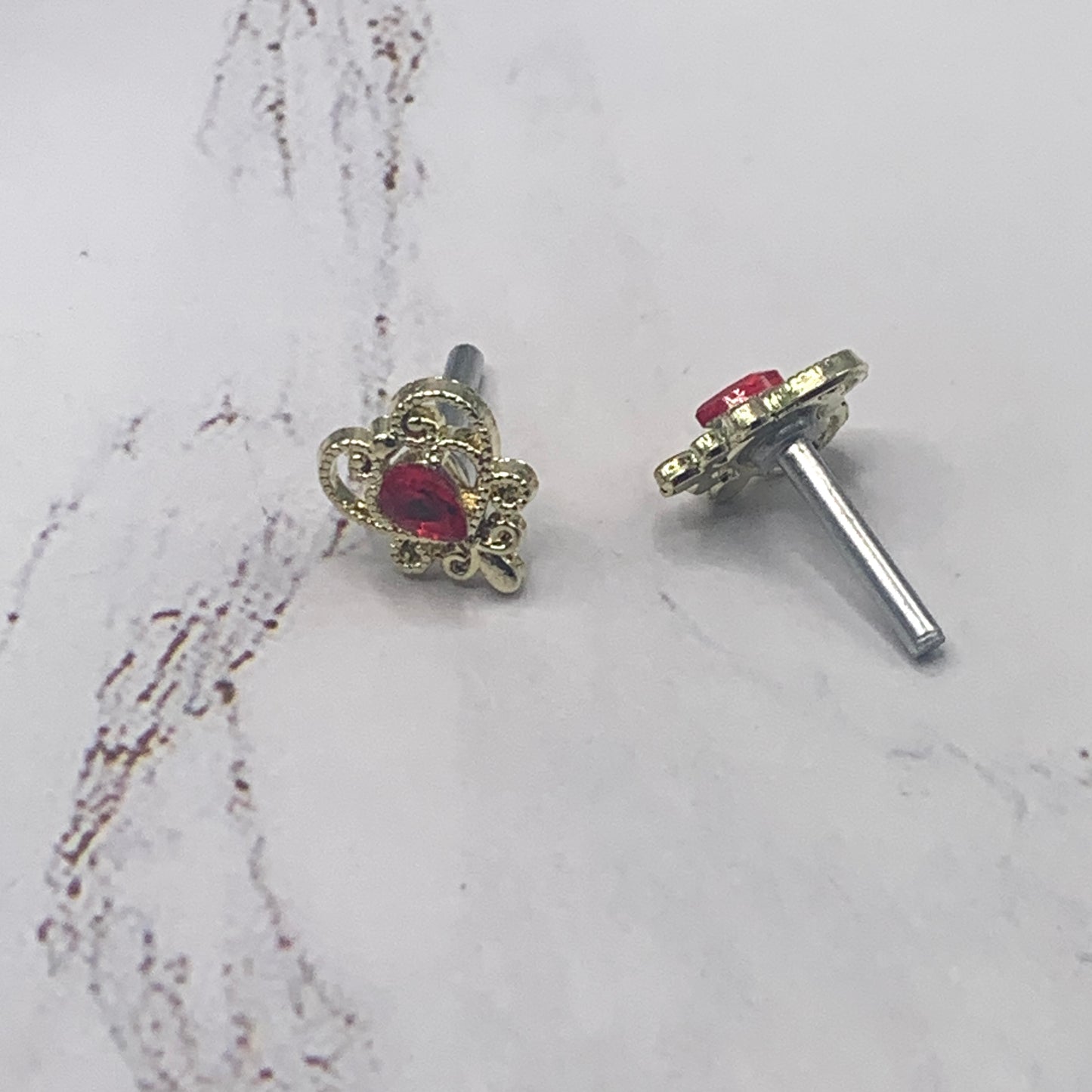 Gold Filigree Heart Red Rhinestone Doll Earrings 2mm Post fit 18” American Girl