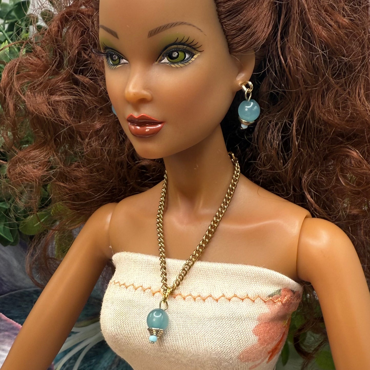 Blue Drop Dangle Gold Chain Doll Necklace & Earrings Set • 16 Inch Fashion Doll Jewelry •