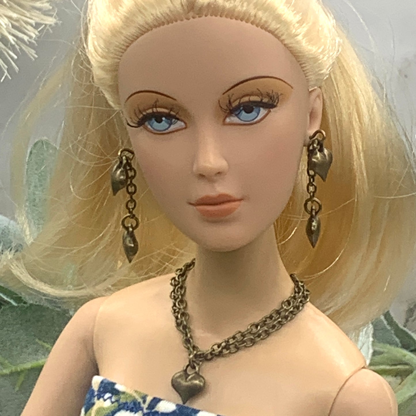 Bronze Heart Charm Chain Dangle Doll Necklace Earring Set • 16” Doll Jewelry