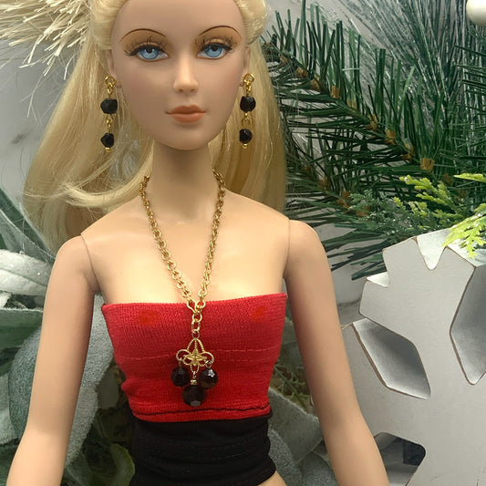 Black Glass Crystal Statement Doll Necklace Earring Set • 16” Doll Jewelry
