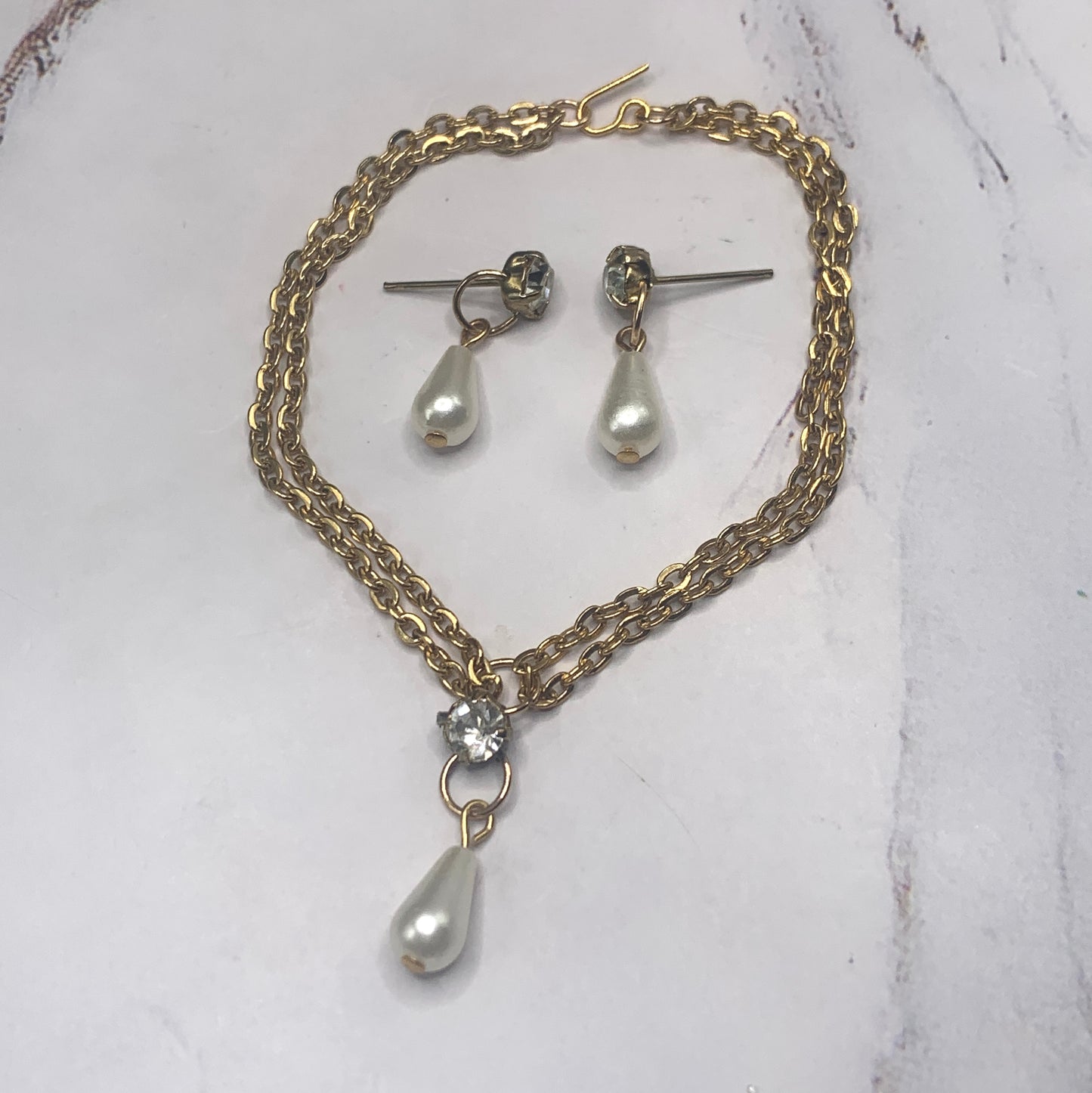 Clear Rhinestone Teardrop Pearl Gold Doll Necklace Earring Set 18” Doll Jewelry