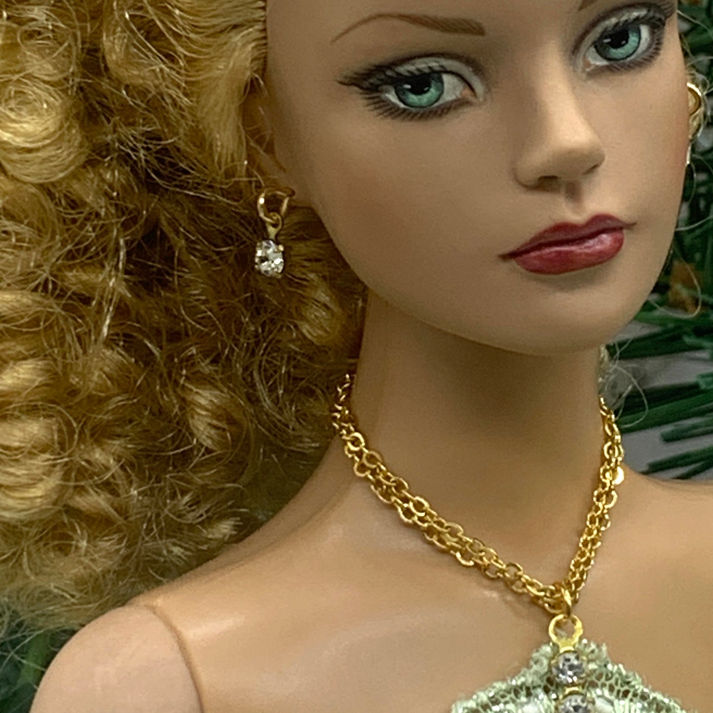 Clear Rhinestone Gold Double Chain Doll Necklace Earring Set • 16” Doll Jewelry