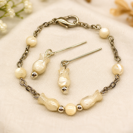 Cream Pearly Tulip Shape Beaded Doll Necklace Earring Set • 18 Inch Doll Jewelry