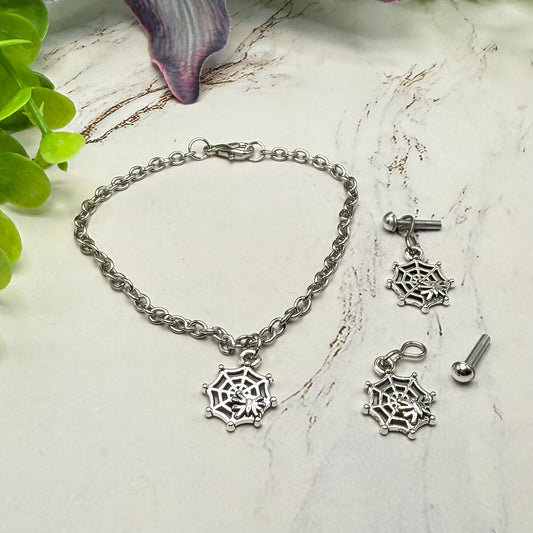 Halloween Silver Spider Web Necklace and 2mm Post Earrings Set | for 18 Inch Dolls • American Girl