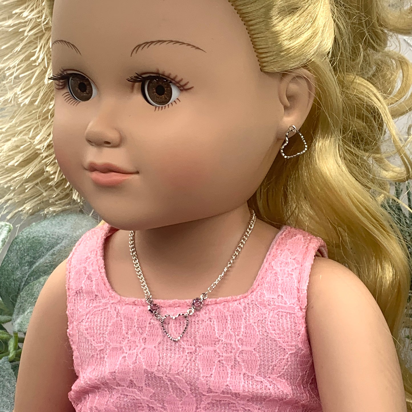 Silver Heart Chain Purple Crystal Necklace Earring Set • 18 Inch Fashion Doll