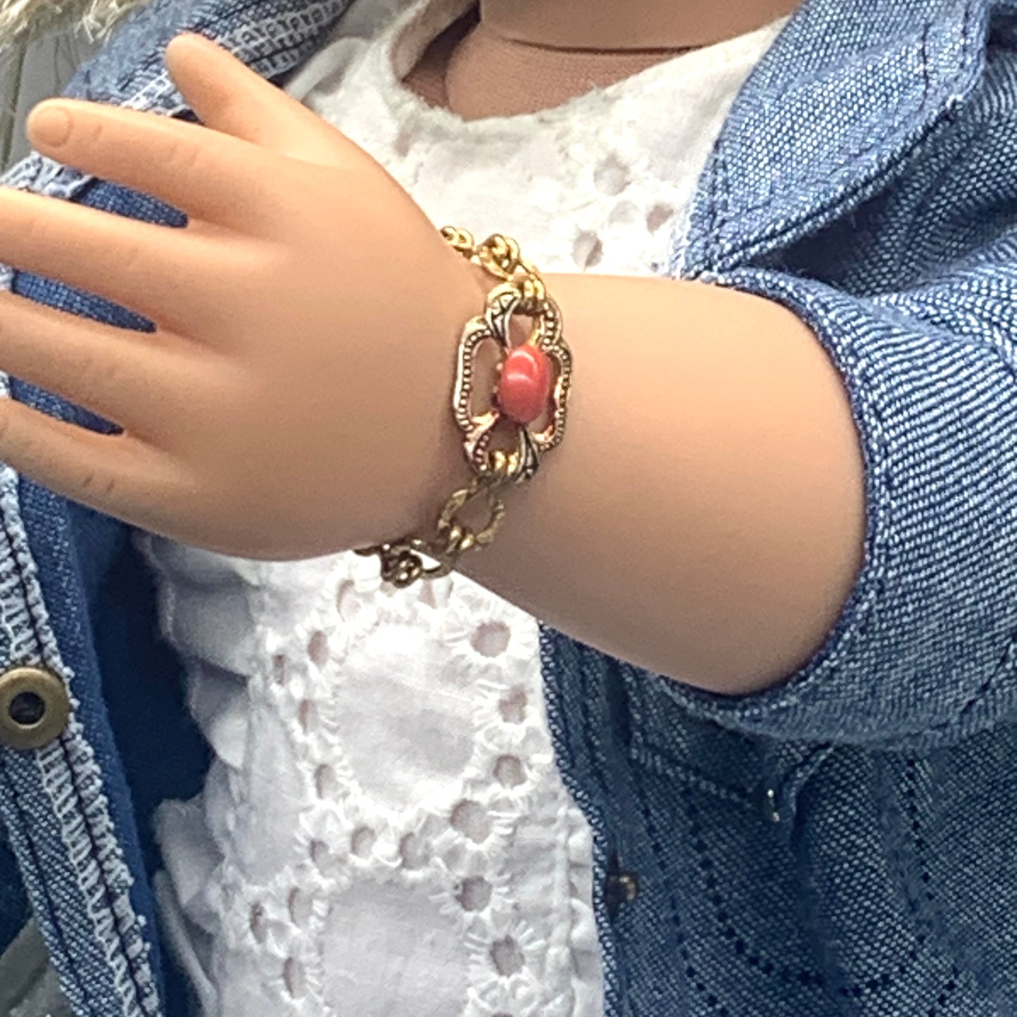 Oval Coral Glass Accent Gold Filigree Chain Doll Bracelet • 18” Doll Jewelry