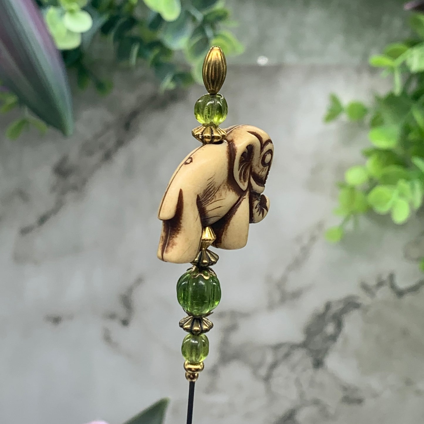 Green Glass Crystal & Elephant Hatpin - Stick Pin • 8” Pin