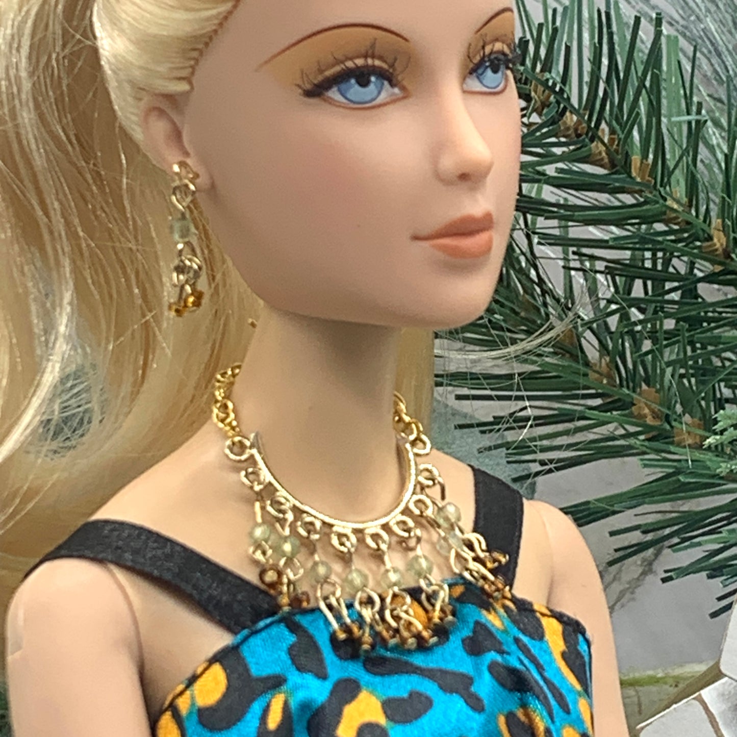 Light Green Brown Glass Dangle Doll Necklace Earrings Set • 16” Doll Jewelry