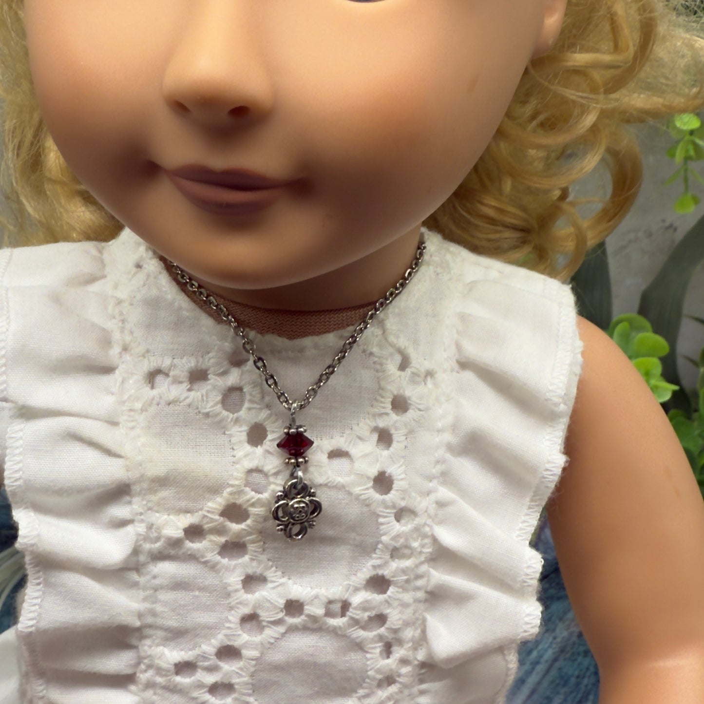 Ruby Red Glass Crystal Silver Filigree Pendant Doll Necklace • 18 Inch Fashion Doll Jewelry