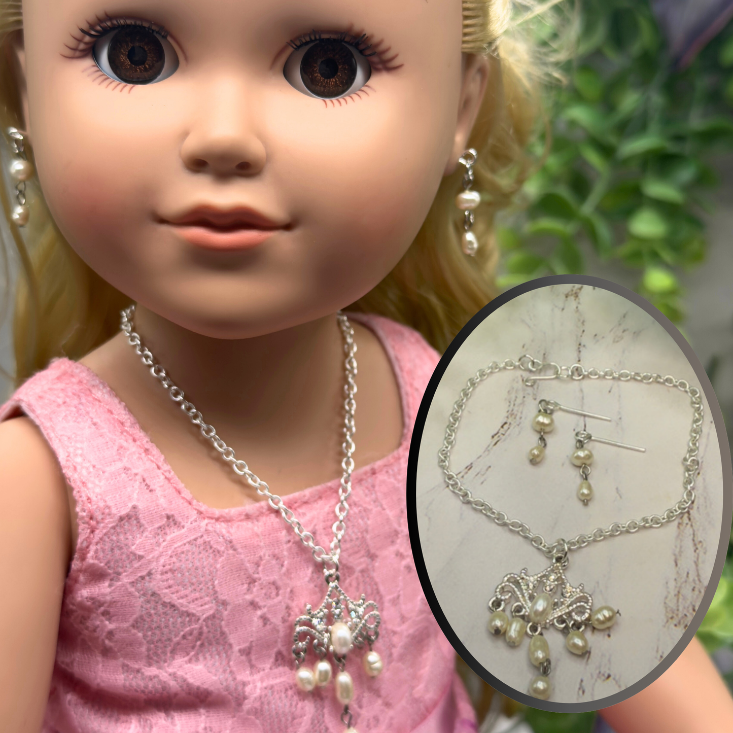 Silver Filigree Pearl Dangle Doll Necklace & Earrings Set • 18 Inch Fashion Doll Jewelry