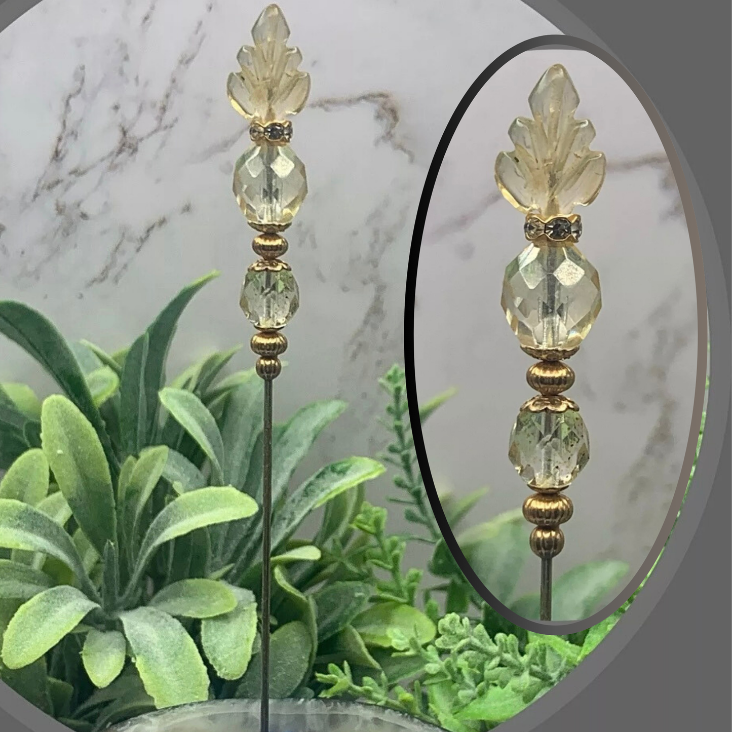 Light Yellow Glass Leaf Crystal Beaded - 6.25” Pin • Hatpin - Stick Pin