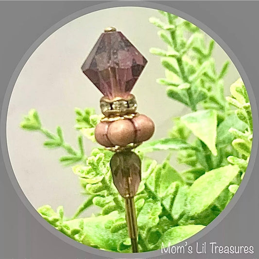 Dusky Pink & Purple Crystal w/ Clear Rhinestone Accent - 6” Pin • Hatpin