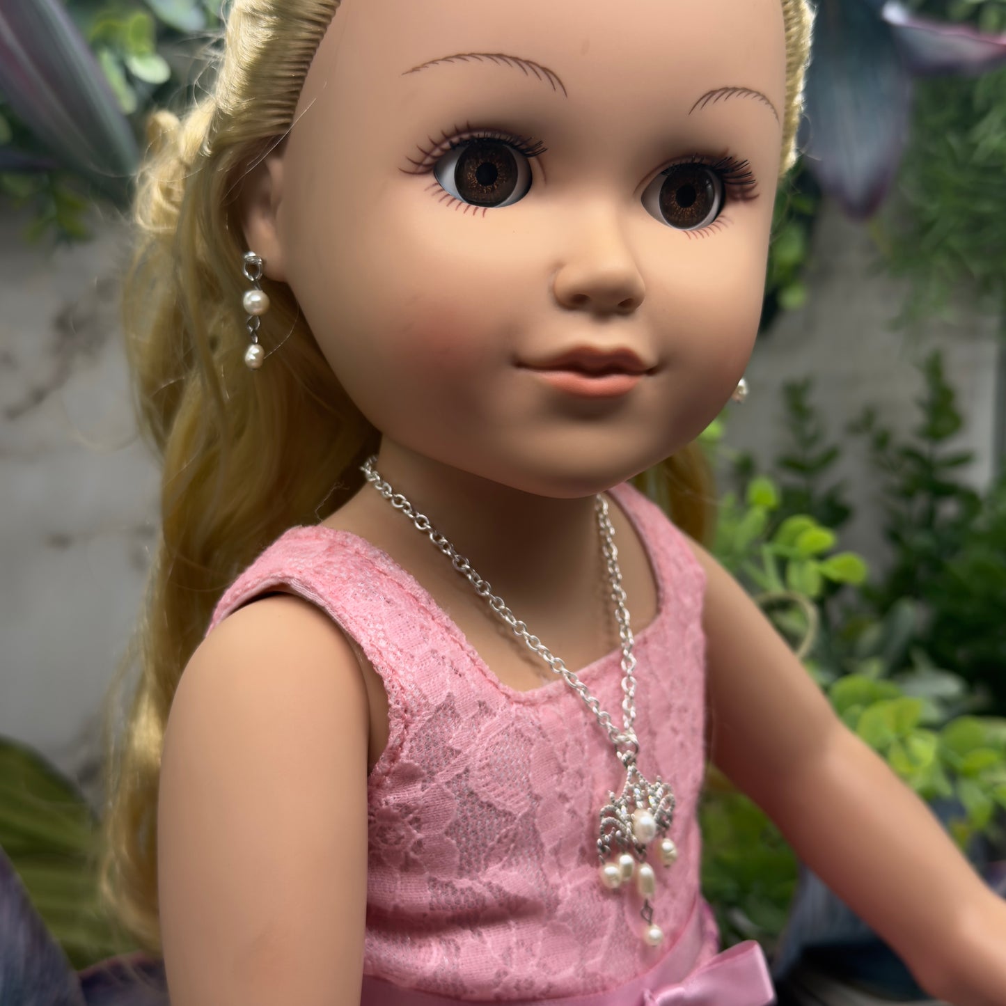 Silver Filigree Pearl Dangle Doll Necklace & Earrings Set • 18 Inch Fashion Doll Jewelry