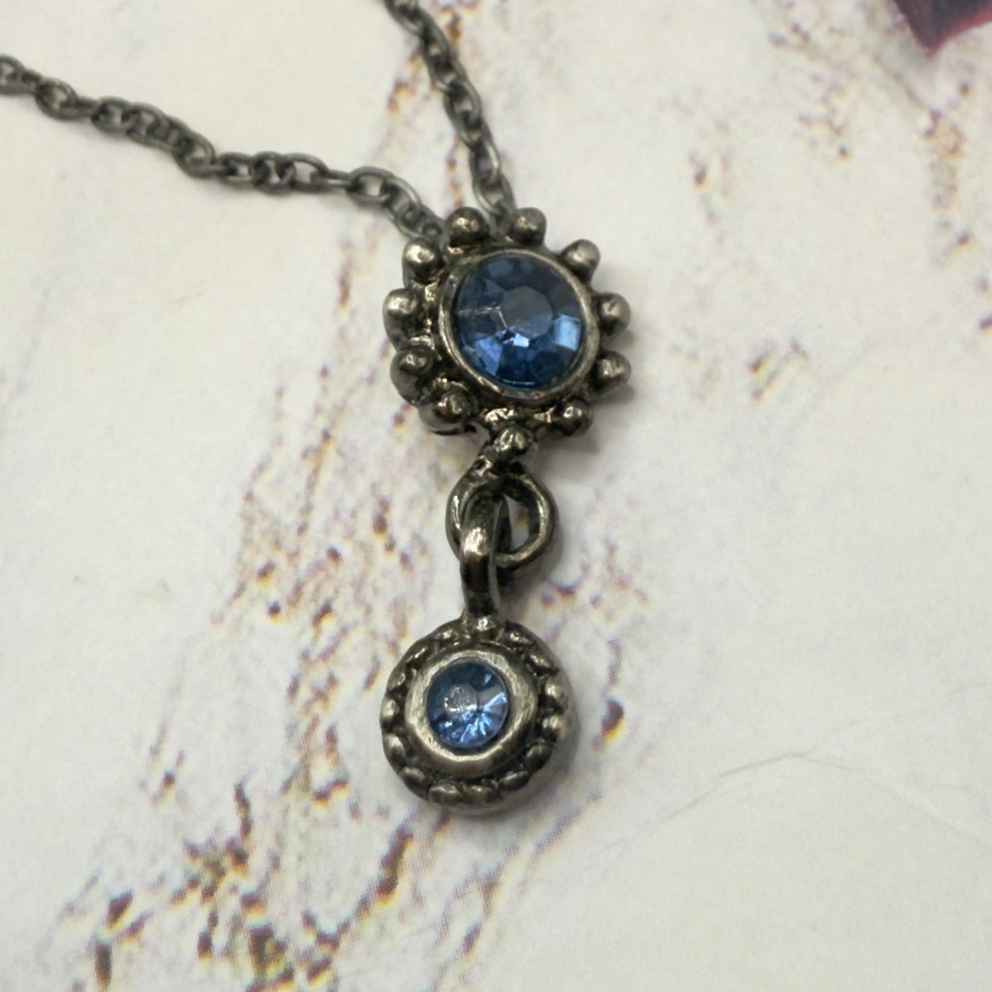 Blue Rhinestone Pendant Gun Metal Silver Chain Doll Necklace• 18 Inch Fashion Doll Jewelry