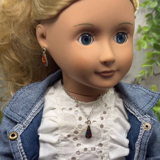 Multi Color Enamel Teardop Shape Necklace & Earrings Set • 18 Inch Fashion Doll Jewelry