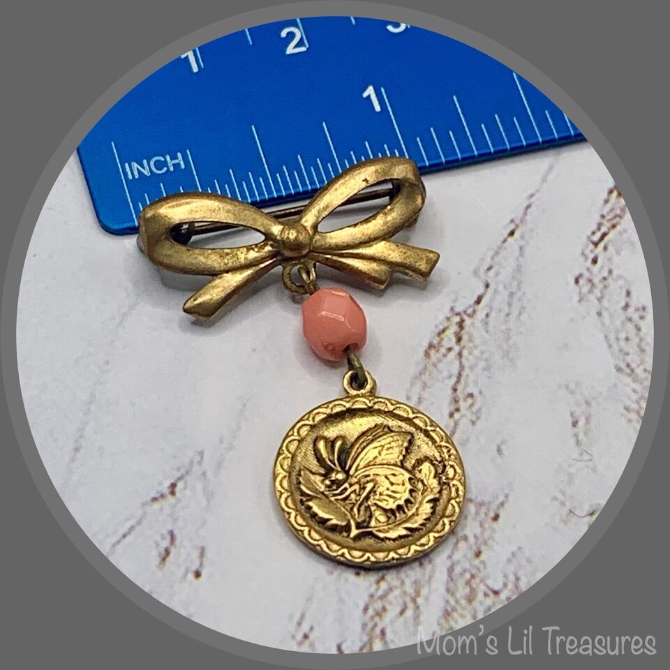 Gold Tone Bow Pin Pink Bead Gold Butterfly Flower Design Dangle • Doll Brooch