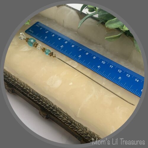 Turquoise Blue & Clear Crystal - Gold Tone Findings- 6” Pin • Hatpin - Stick Pin