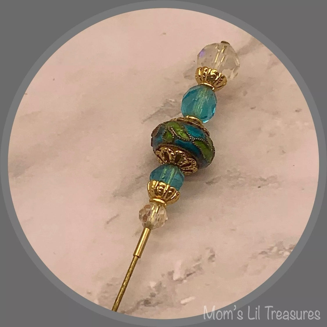 Turquoise Blue Clear Crystals Cloisonné Flower Design - 8” • Hatpin - Stick Pin