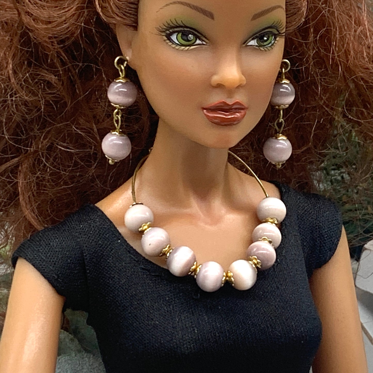 Light Dusty Purple Glass Bead Wire Doll Necklace Earring Set • 16” Doll Jewelry