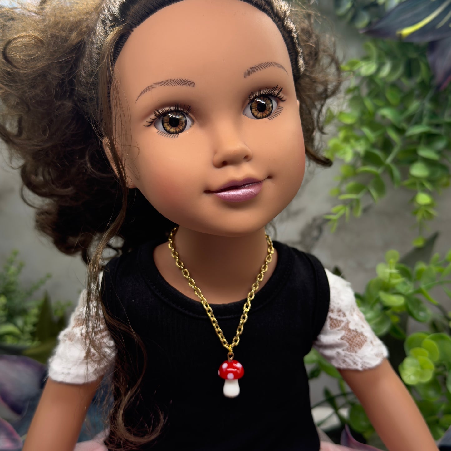 Red White Glass Mushroom Pendant Doll Necklace • 18 Inch Fashion Doll Jewelry
