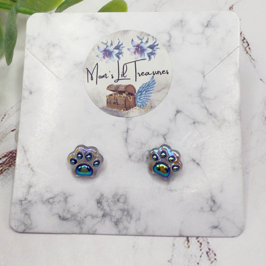 Dark Blue Iridescent Acrylic Paw Print Doll Earrings • 18 Inch Fashion Doll Jewelry