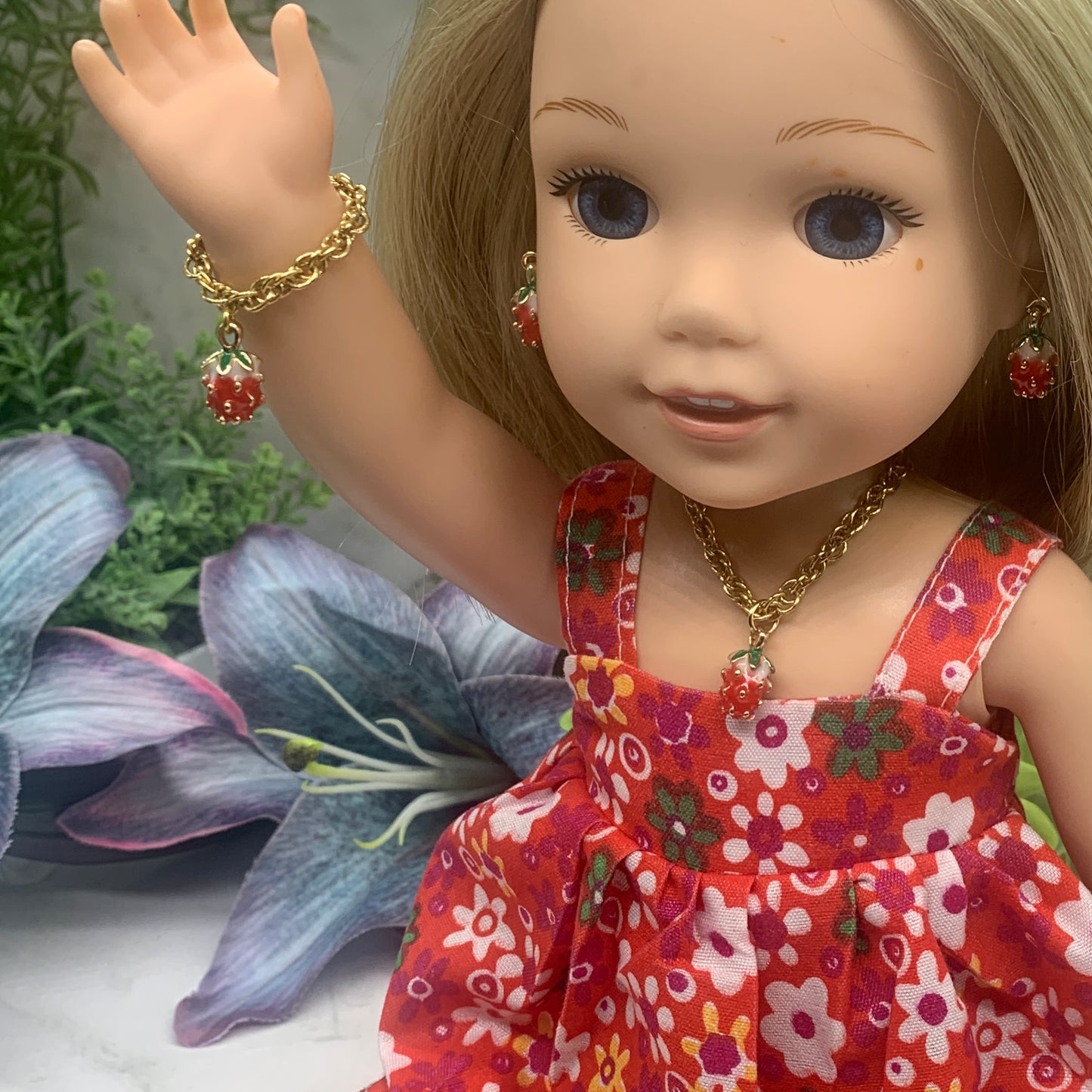 Strawberry Charm Gold Chain Doll Necklace Earring Bracelet Set 14” Wellie Wisher