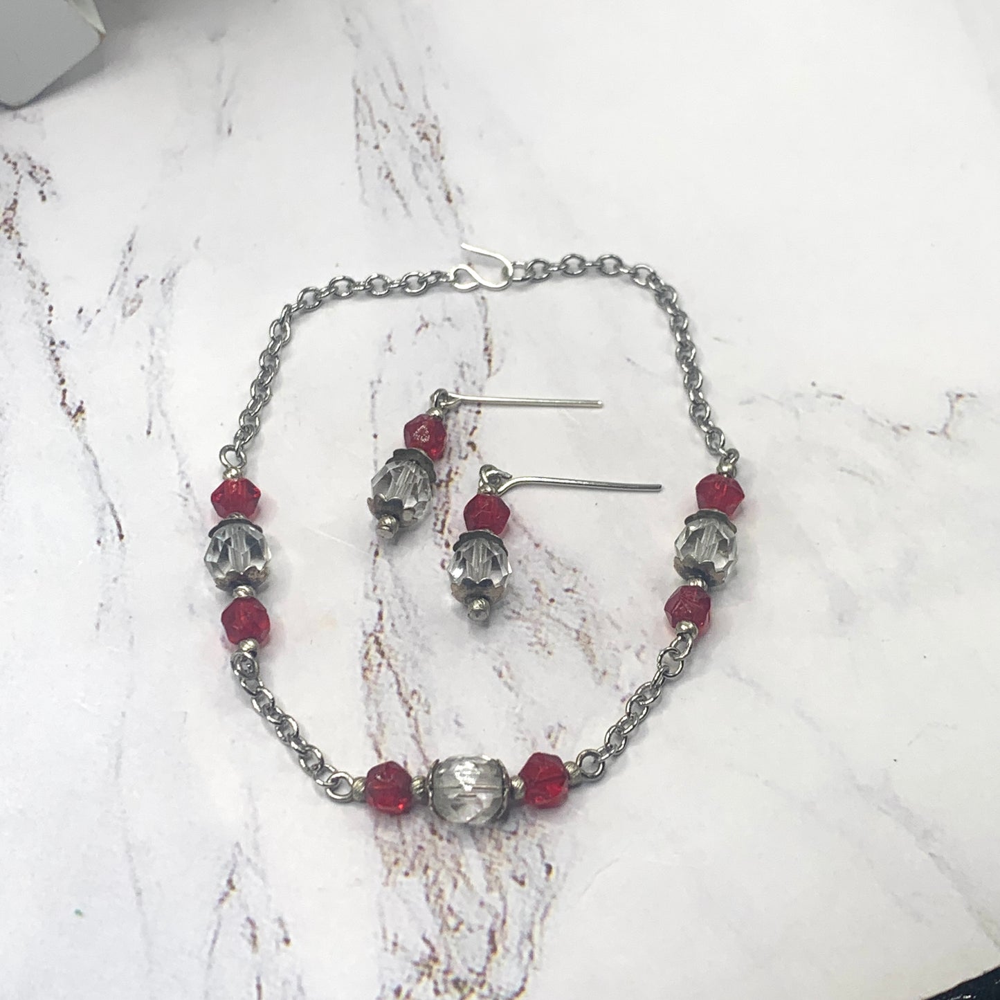 Red Clear Glass Crystal Silver Chain Necklace Earring Set 18-22” Doll Jewelry for 18-22” Doll Jewelry