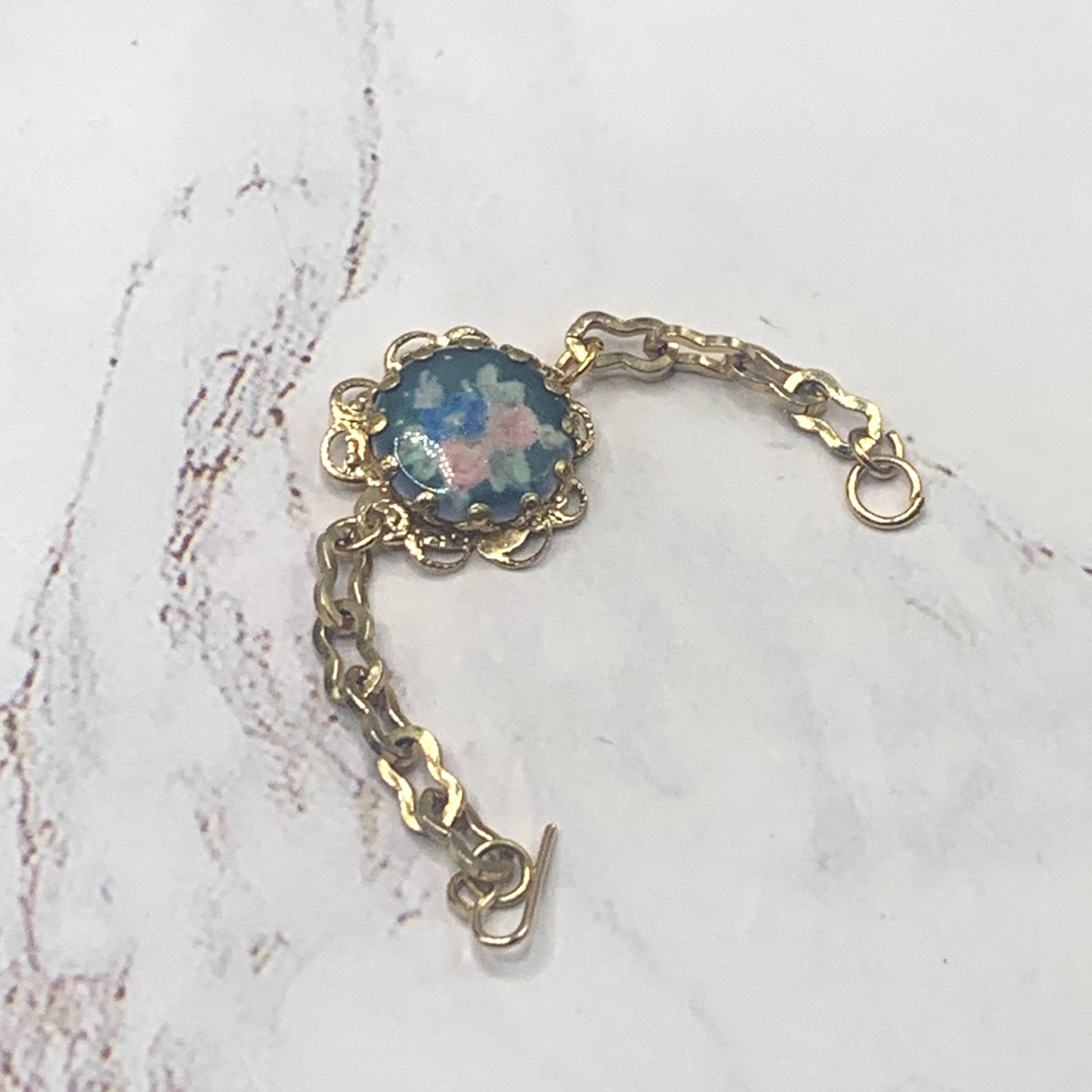 Blue Flower Rose Design Gold Filigree & Chain Doll Bracelet • 18” Doll Jewelry
