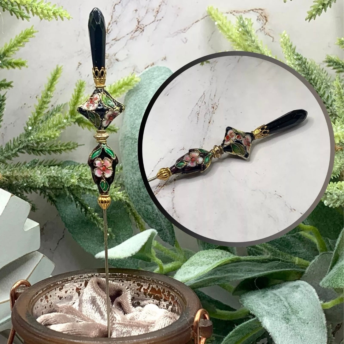 Black Teardrop Crystal Cloisonné Flower Floral Design Gold Filigree • 7” Hatpin