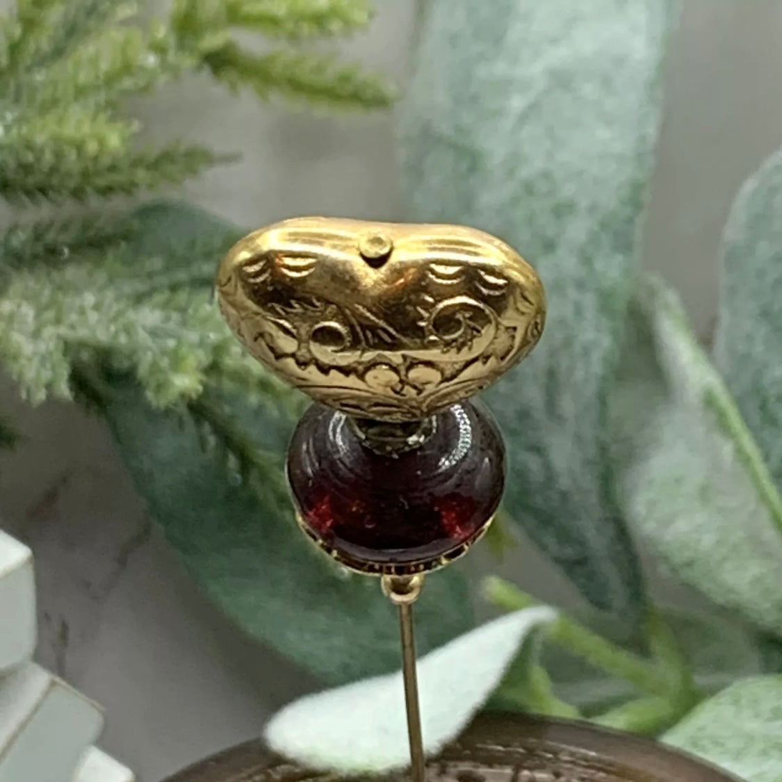 Gold Filigree Design Heart Burgundy Red Glass Rhinestone - 6” Pin • Hatpin