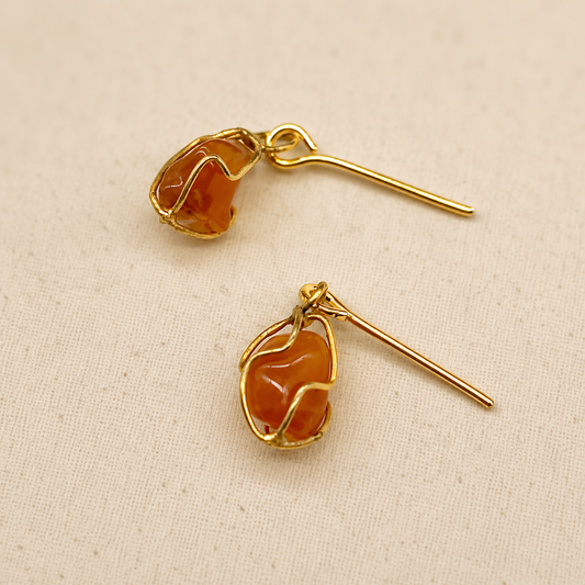 Red Orange Glass Stone Gold Tone Cage Dangle Doll Earrings • 18” Doll Jewelry
