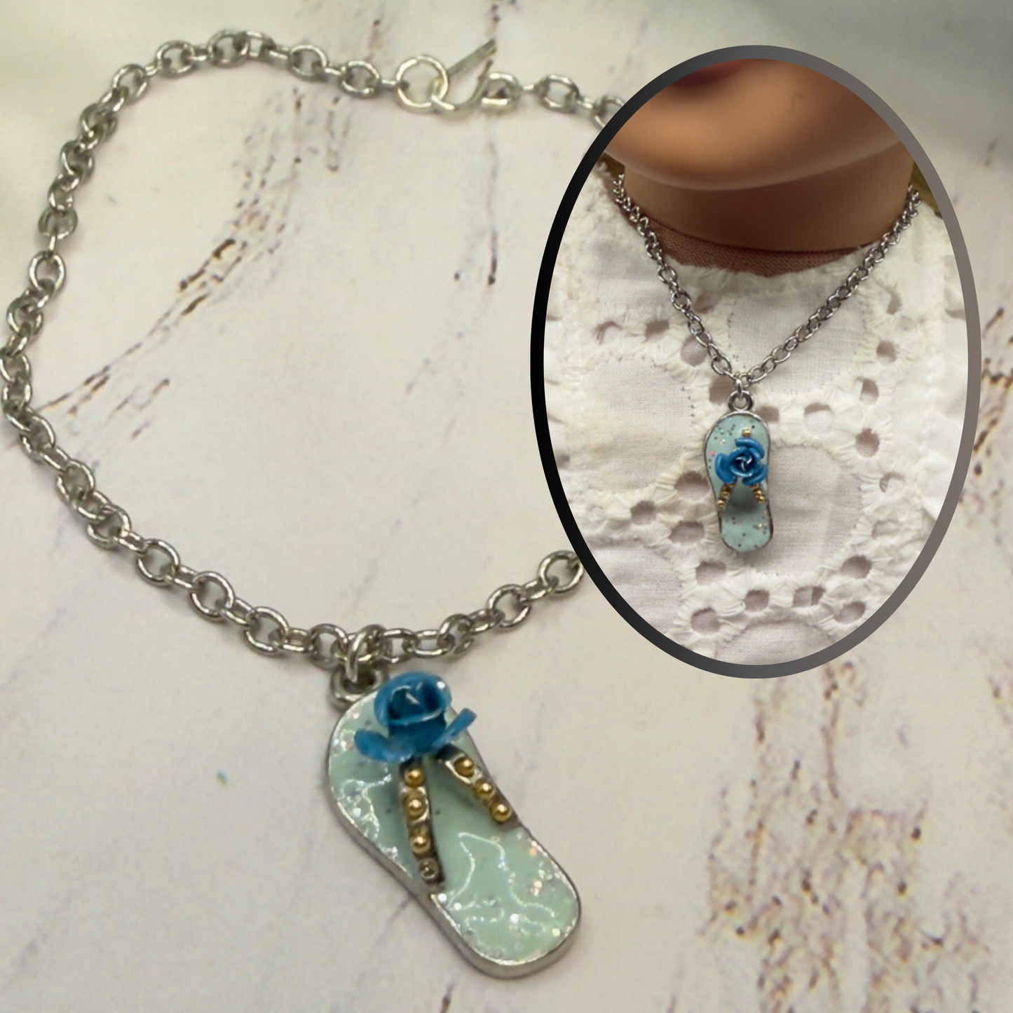 Blue Flip Flip Sandal Rose Accent Charm Silver Doll Necklace• 18 Inch Fashion Doll Jewelry