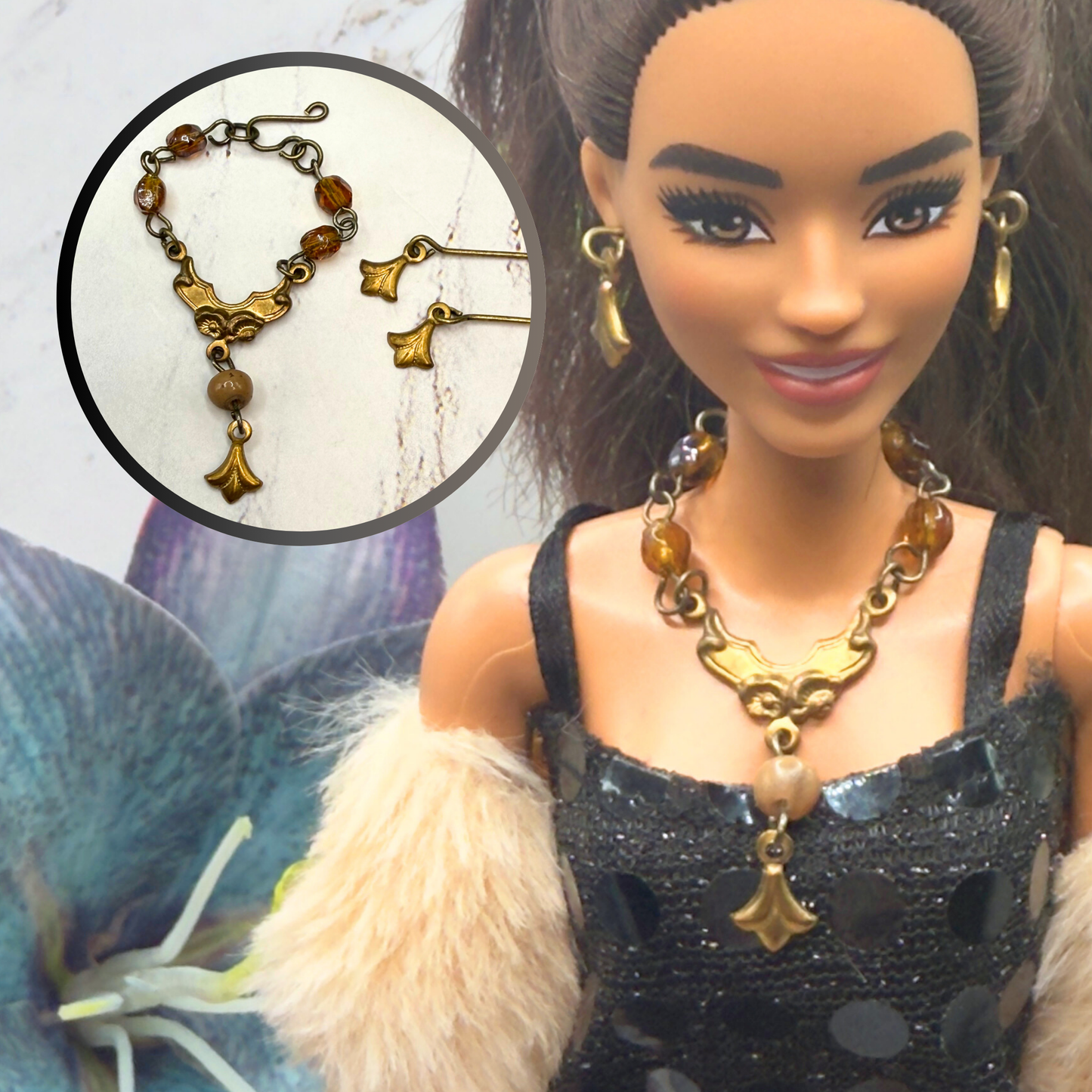 Brown Glass Gold Dangle Design Doll Necklace • 10-12 Inch Fashion 1:6 Doll Jewelry