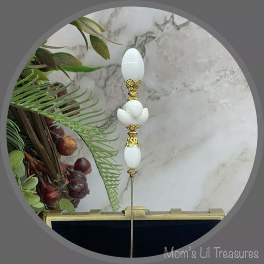 White Glass - Gold Tone  Filigree -  8” Pin • Hatpin - Stick Pin