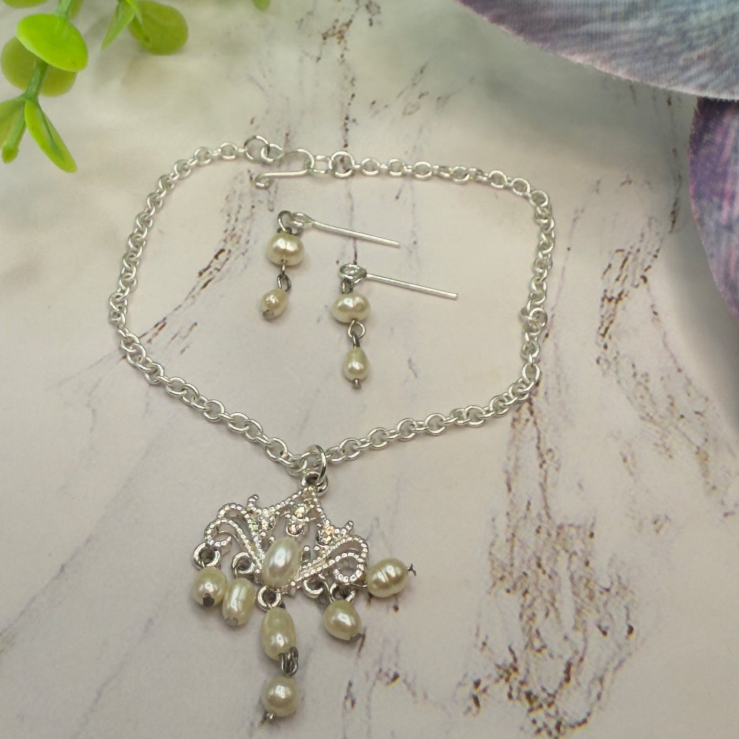 Silver Filigree Pearl Dangle Doll Necklace & Earrings Set • 18 Inch Fashion Doll Jewelry