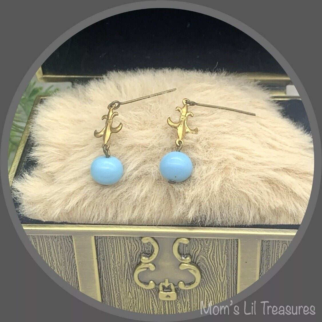 Round Blue Glass & Gold Fleur-de-lis Dangle Doll Earrings • 18” Doll Jewelry