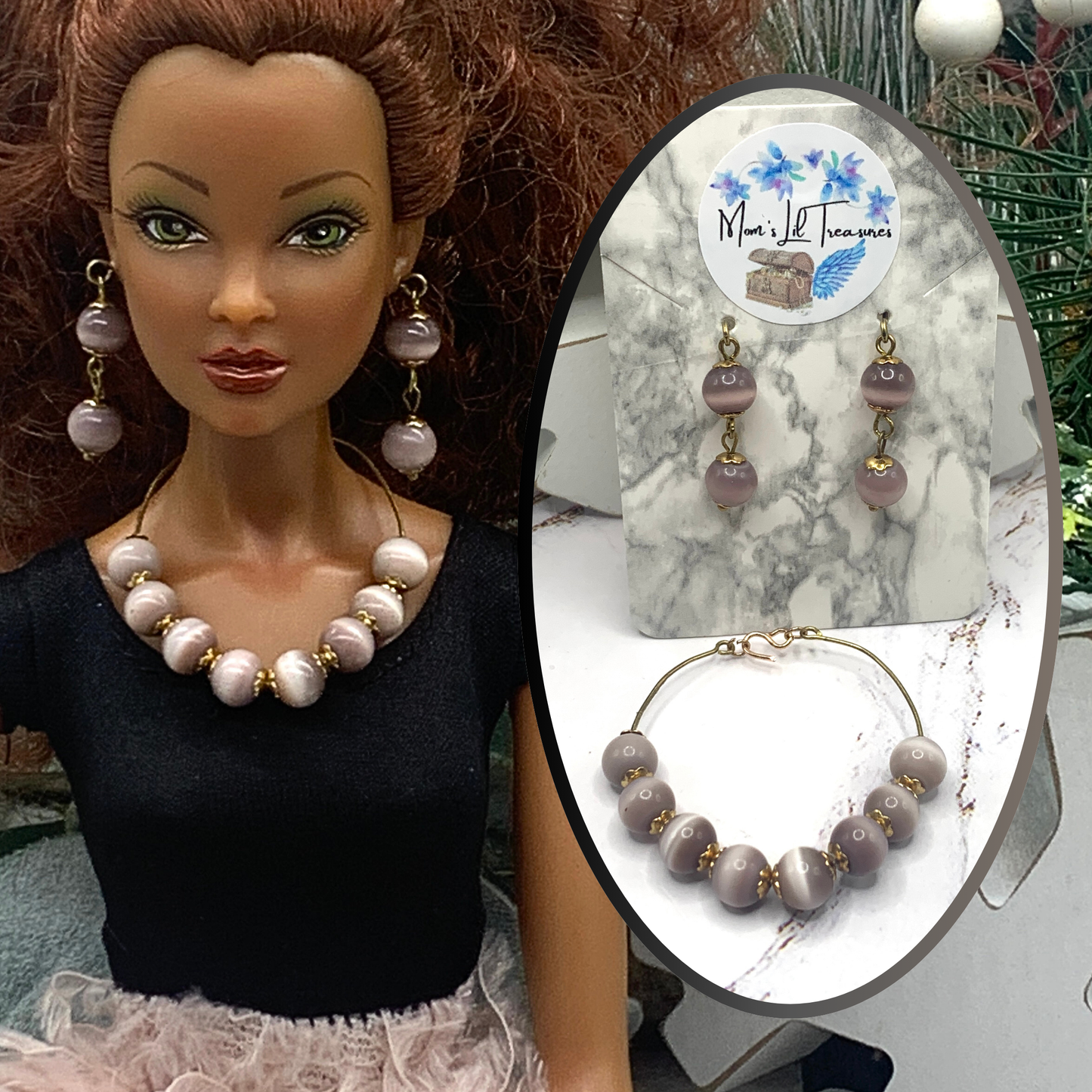 Light Dusty Purple Glass Bead Wire Doll Necklace Earring Set • 16” Doll Jewelry