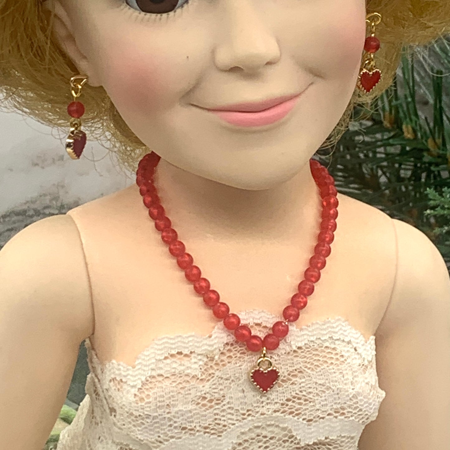 Red Gold Heart Beaded Gold Chain Necklace Earring Set 18-22” Doll Jewelry