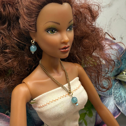 Blue Drop Dangle Gold Chain Doll Necklace & Earrings Set • 16 Inch Fashion Doll Jewelry