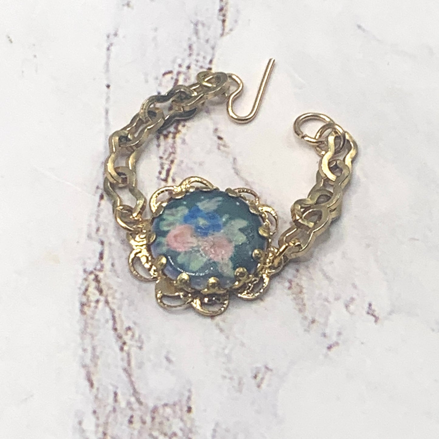 Blue Flower Rose Design Gold Filigree & Chain Doll Bracelet • 18” Doll Jewelry