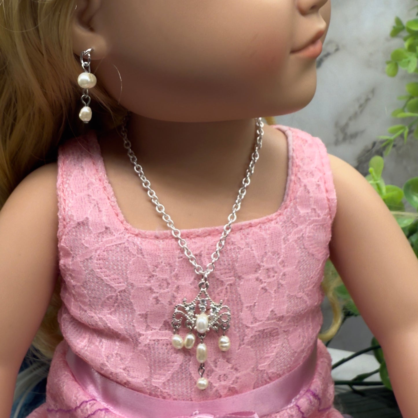 Silver Filigree Pearl Dangle Doll Necklace & Earrings Set • 18 Inch Fashion Doll Jewelry