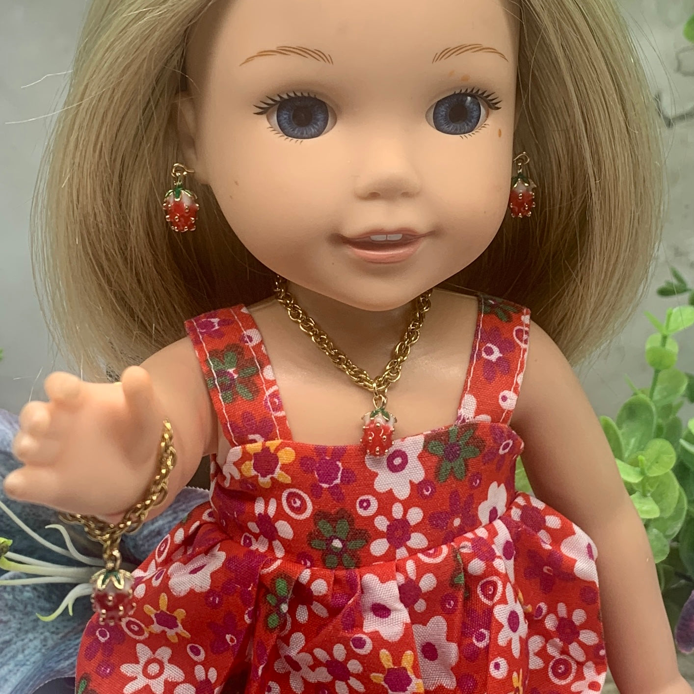 Strawberry Charm Gold Chain Doll Necklace Earring Bracelet Set 14” Wellie Wisher
