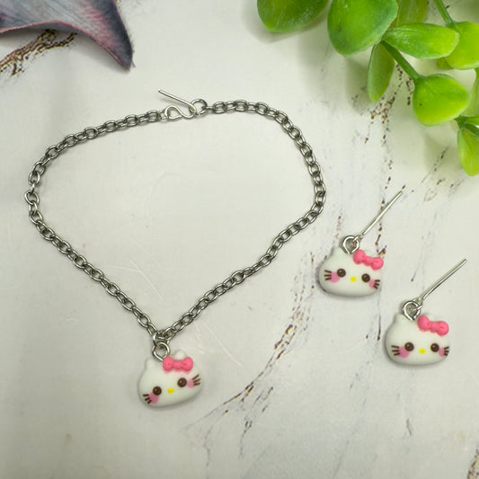 Hello Cat Pink Bow Kitty Charm Doll Necklace and Earrings Set • 18 Inch Fashion Doll Jewelry