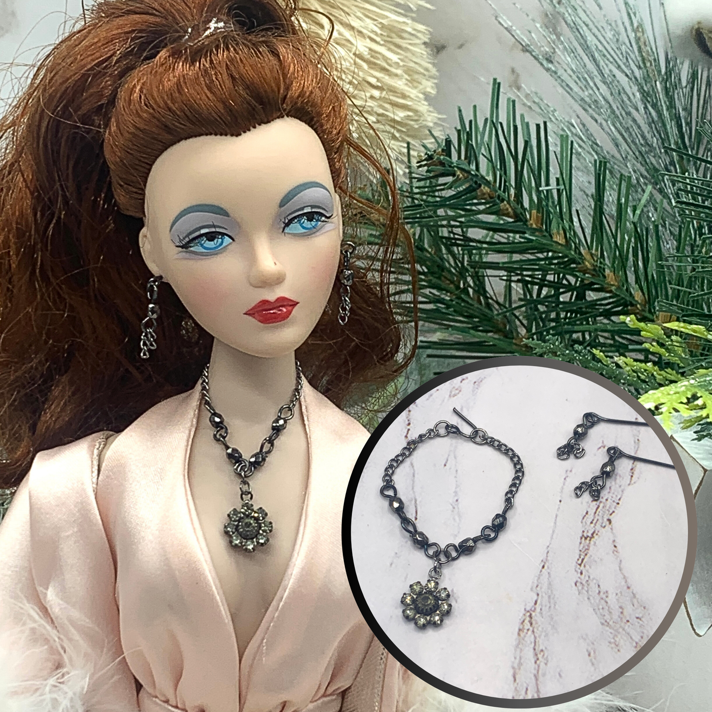 Black Smoky Rhinestone Crystal Doll Necklace Earrings Set • 16” Doll Jewelry